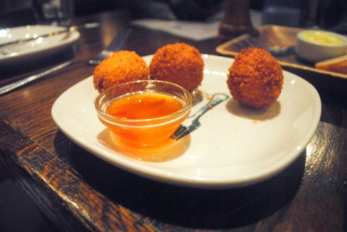A potent appetizer: fried cheese grits w/ smoked cheddar & pepper jelly